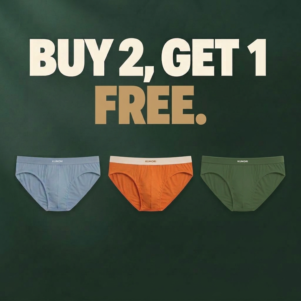 Buy 2, get 1 pair free. Kumori briefs in five colors.