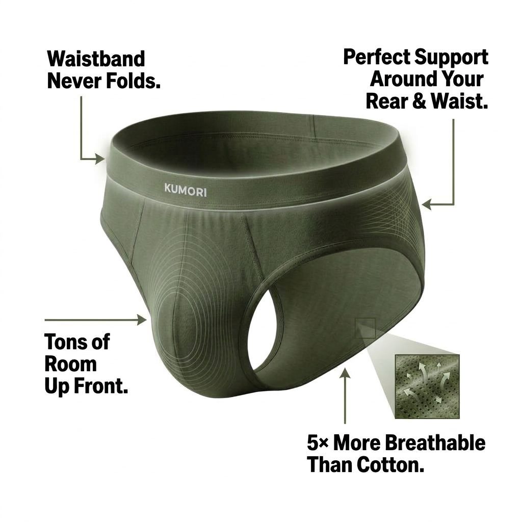 Kumori brief callouts: waistband never folds, perfect support around your rear and waist, tons of room up front, 5× more breathable than cotton.